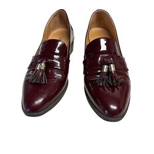 Burgundy Patent Leather Loafers With Tassels & Gold Accent Heel Womens Size 38